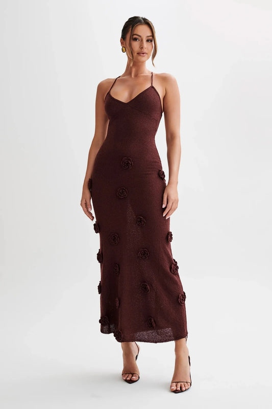 European-Inspired Backless Knit Dress – 3D Floral Elegance for Summer Nights