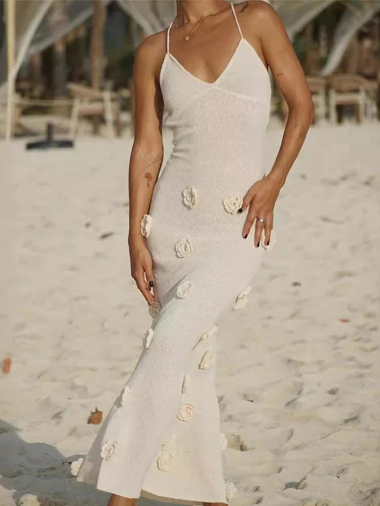 European-Inspired Backless Knit Dress β 3D Floral Elegance for Summer Nights