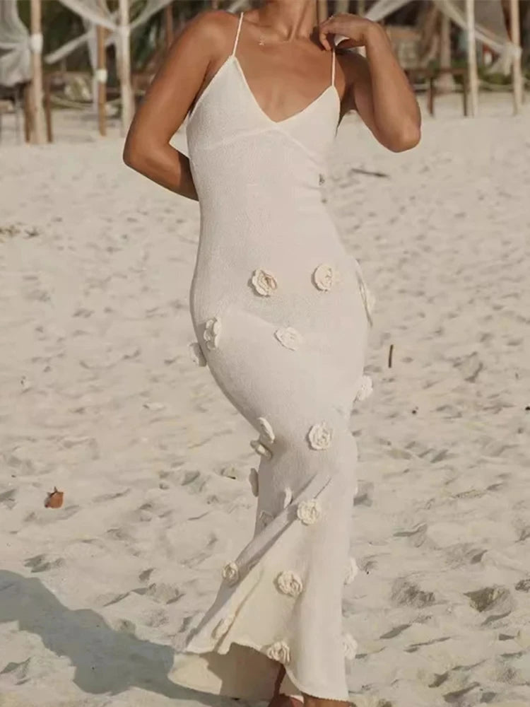 European-Inspired Backless Knit Dress – 3D Floral Elegance for Summer Nights