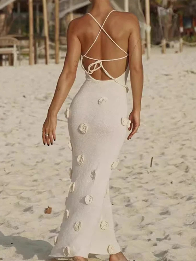 European-Inspired Backless Knit Dress – 3D Floral Elegance for Summer Nights